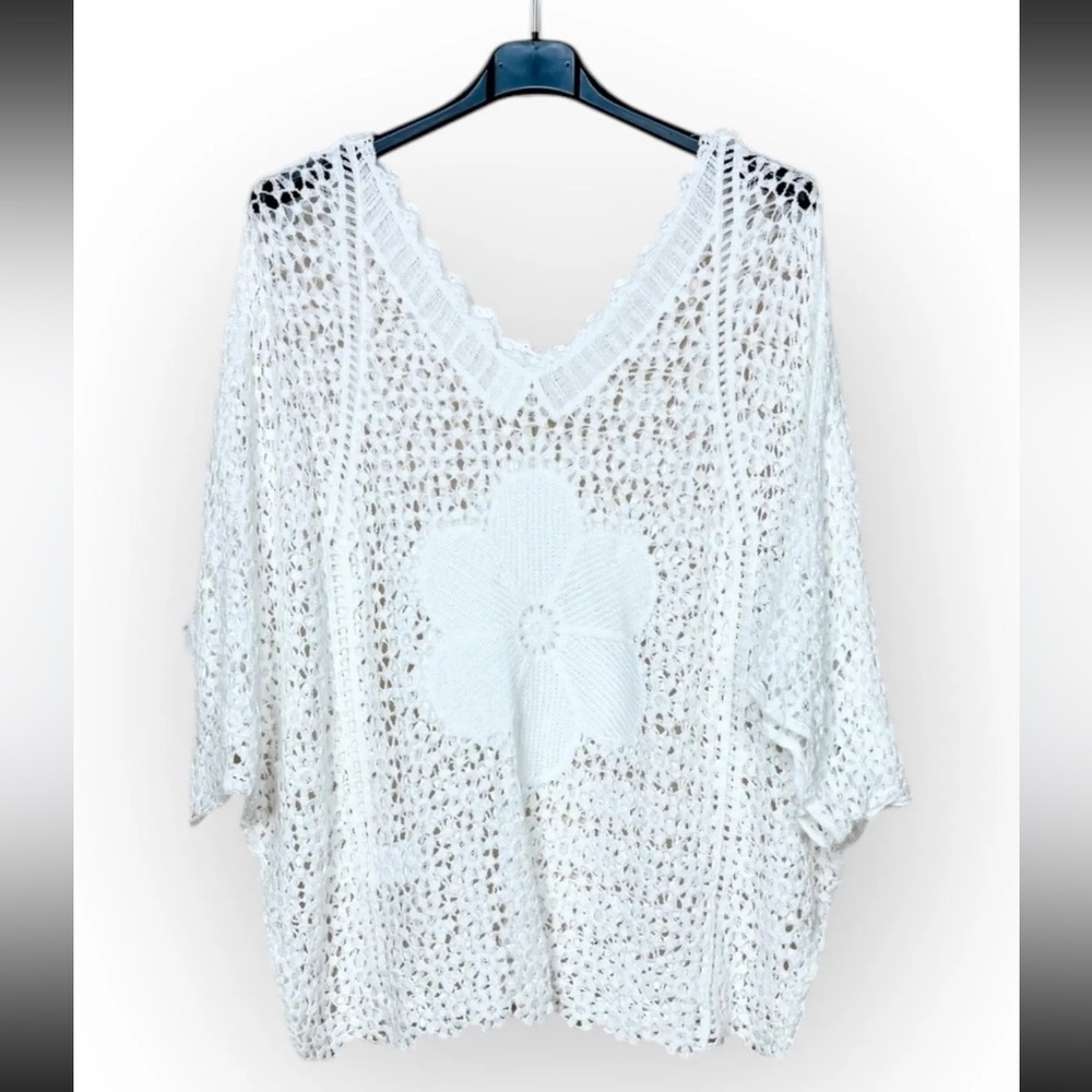 ShopEvelynne White Crochet Top with Floral Design